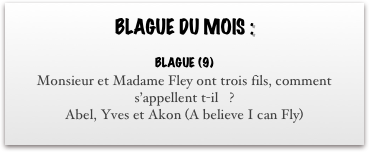 
BLAGUE DU MOIS :

BLAGUE (9)
Monsieur et Madame Fley ont trois fils, comment s’appellent t-il ?
Abel, Yves et Akon (A believe I can Fly)